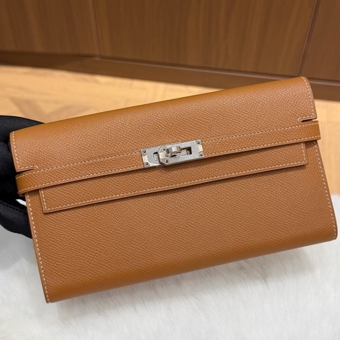 愛馬仕Hermes 金棕銀扣kelly長款錢包 epsom皮 X刻 🈚附件