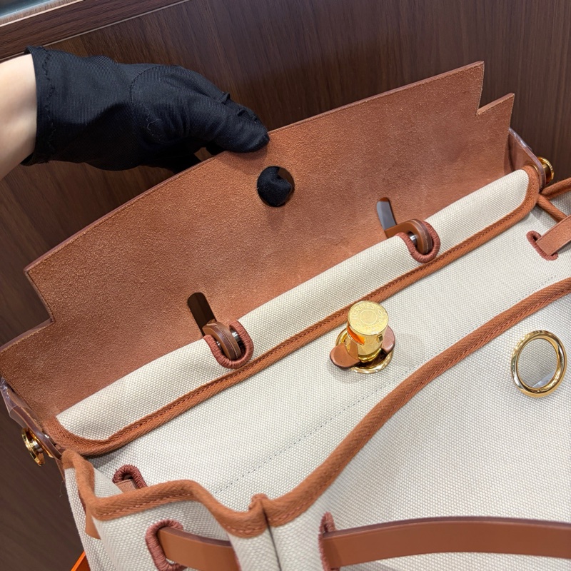 全新閒置U刻Hermes愛馬仕金棕米色帆布herbag39 手提斜挎包 有鎖鑰匙 附件：防塵袋 盒子-8