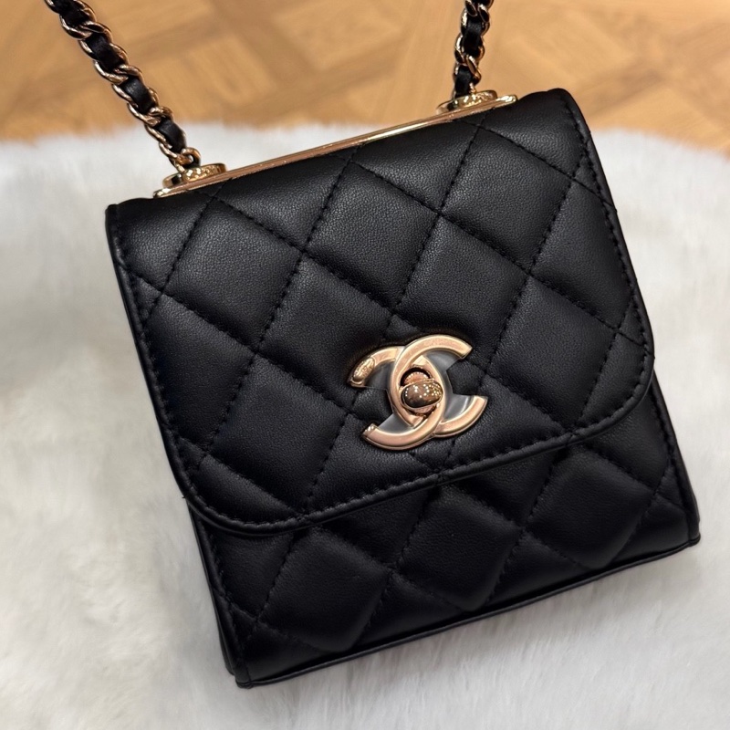 99新Chanel香奈兒 22C黑色菱格紋羊皮玫瑰金扣trendycc超迷你小斜挎包 32開-0