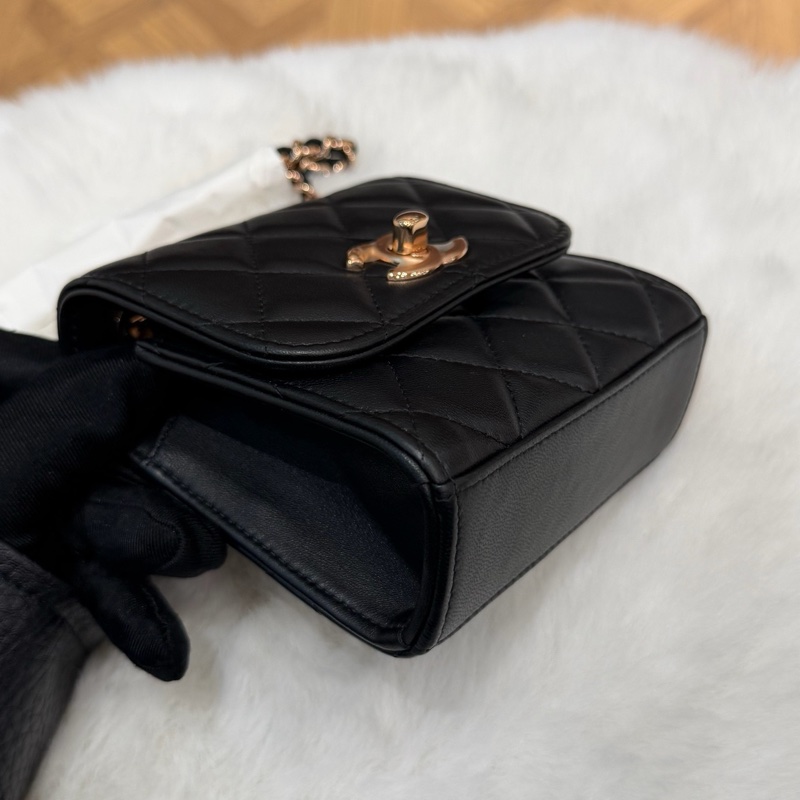 99新Chanel香奈兒 22C黑色菱格紋羊皮玫瑰金扣trendycc超迷你小斜挎包 32開-2