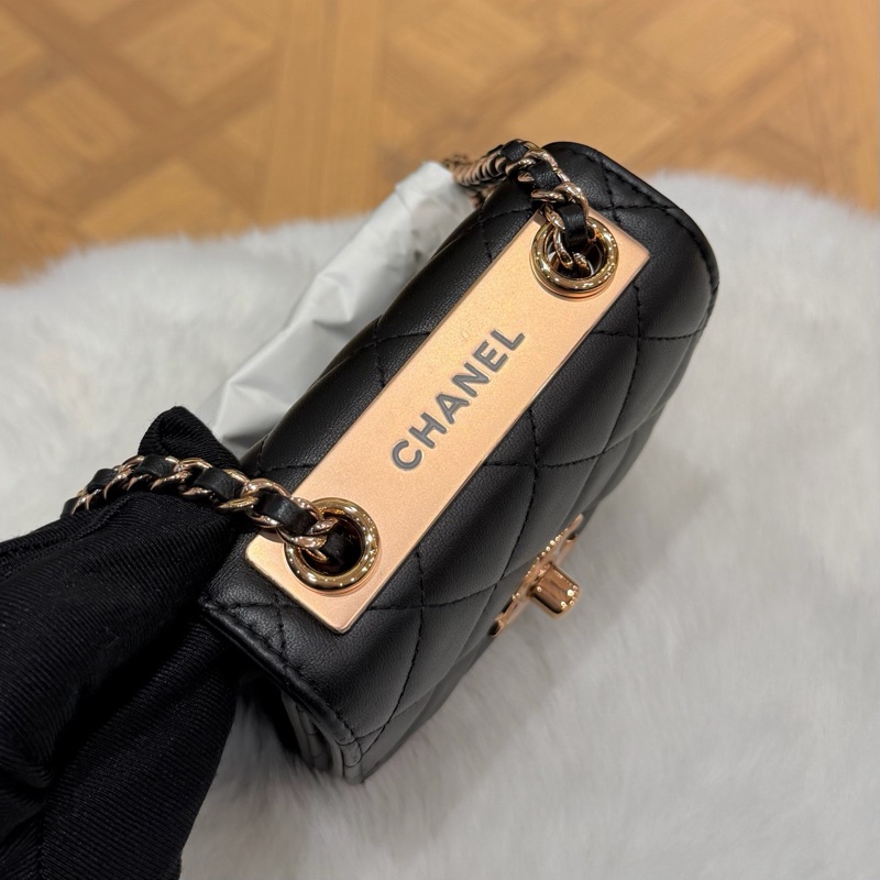 99新Chanel香奈兒 22C黑色菱格紋羊皮玫瑰金扣trendycc超迷你小斜挎包 32開-4