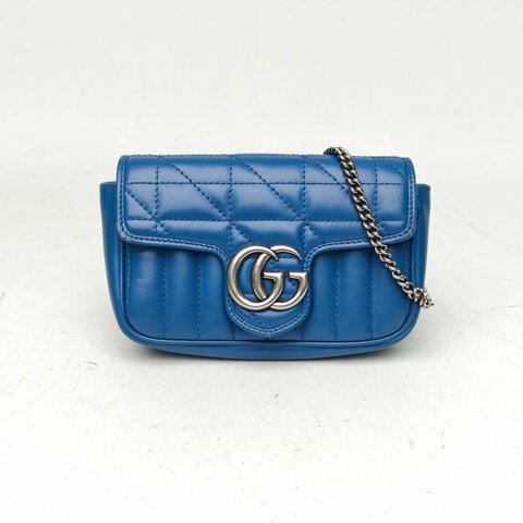 GUCCI GGMarmont肩背包超Mini16.5藍色牛皮銀扣肩背包