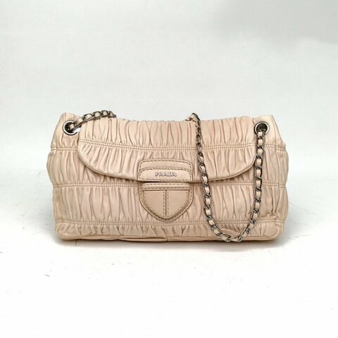 PRADA 裸色羊皮銀扣單肩包褶皺腋下包肩背包