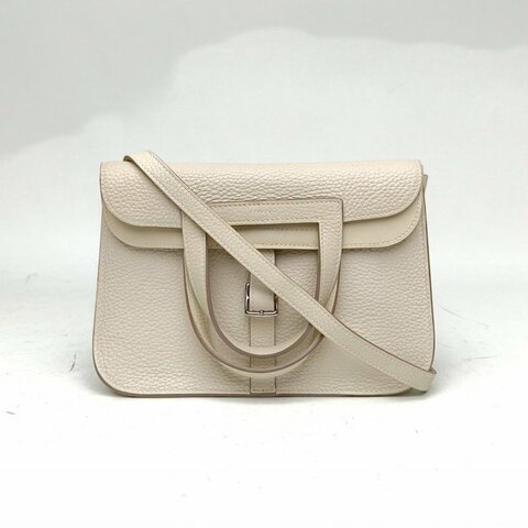 HERMES Halzan25雙提手單肩包奶昔白TC皮U刻銀扣肩背包