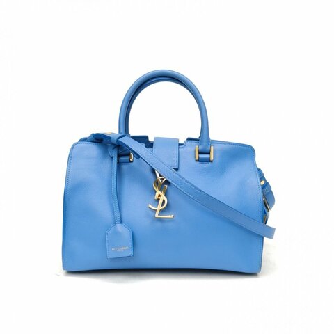 SAINT LAURENT CabasLogo搭扣手提公事包小號26藍色牛皮金扣肩背包