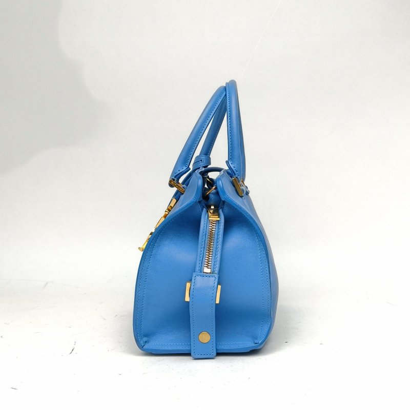 SAINT LAURENT CabasLogo搭扣手提公事包小號26藍色牛皮金扣肩背包-1