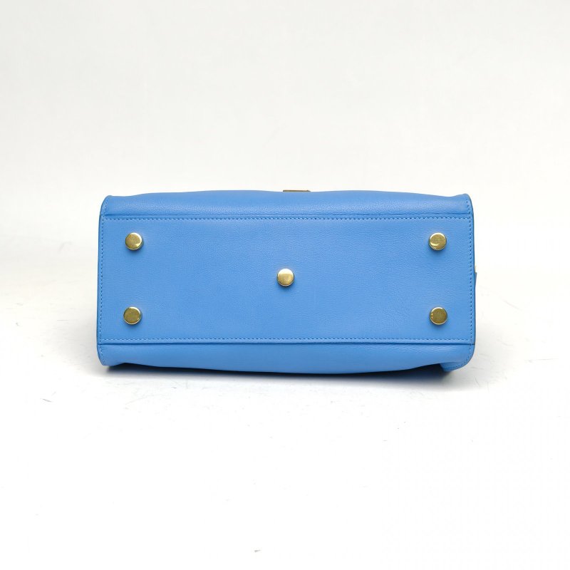 SAINT LAURENT CabasLogo搭扣手提公事包小號26藍色牛皮金扣肩背包-4