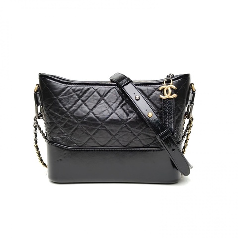 CHANEL GABRIELLE流浪新中號黑色牛皮晶片金銀扣