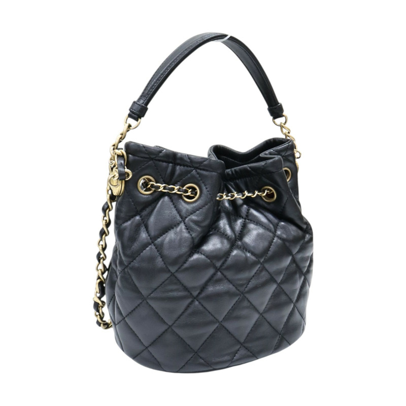 黑色 菱格紋 牛皮 CC Drawstring 水桶包 兩用包【CHANEL 香奈兒】 AS2057-1