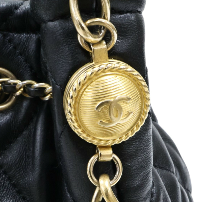 黑色 菱格紋 牛皮 CC Drawstring 水桶包 兩用包【CHANEL 香奈兒】 AS2057-8