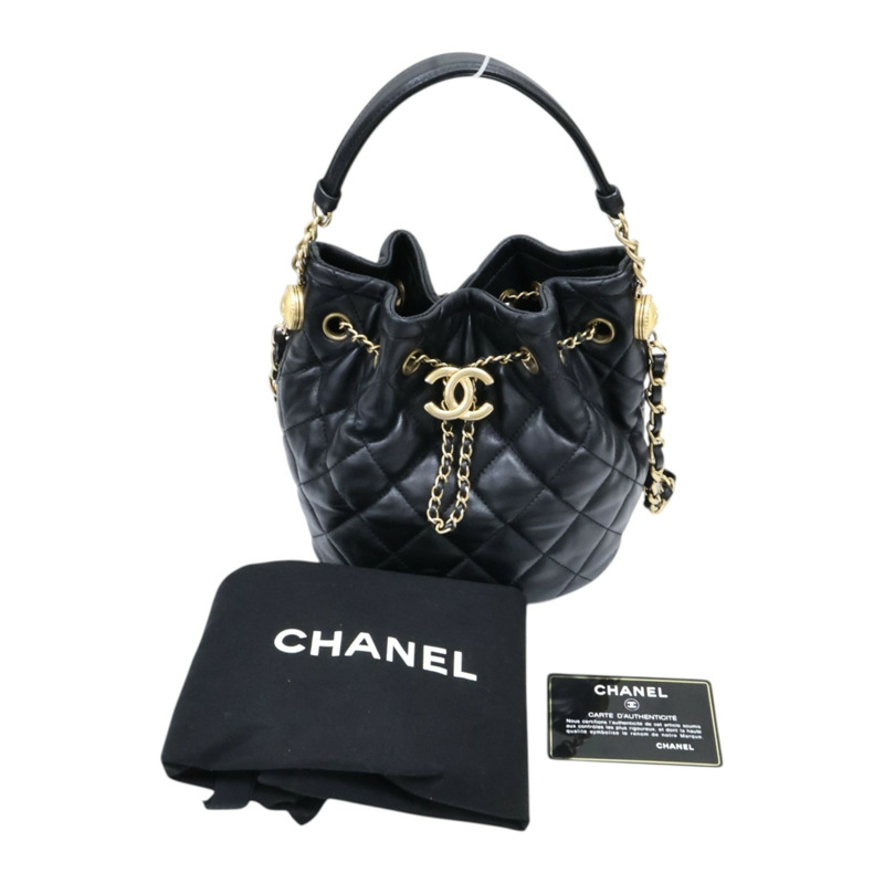 黑色 菱格紋 牛皮 CC Drawstring 水桶包 兩用包【CHANEL 香奈兒】 AS2057-12