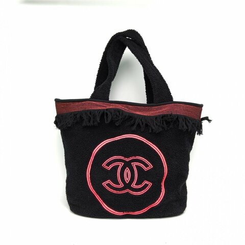 CHANEL 黑色棉銀扣22S毛巾子袋沙灘包三合一肩背包