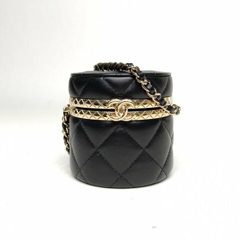 CHANEL 黑色羊皮鐳射標金扣22K圓桶化妝盒有鏡子mini肩背包