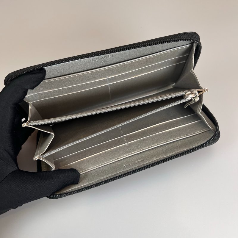 CHANEL 山茶花ㄇ拉長夾 羊皮黑 保卡款14開-4