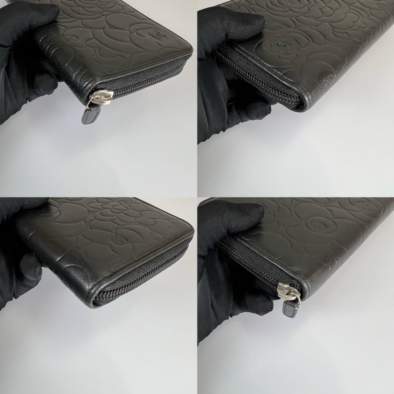 CHANEL 山茶花ㄇ拉長夾 羊皮黑 保卡款14開-11