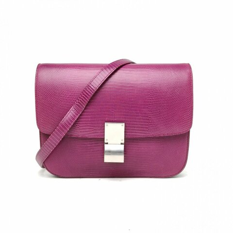 CELINE ClassicBox中號紫色蜥蜴皮銀扣肩背包