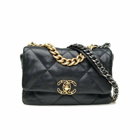 CHANEL 19BAG口蓋包小號26黑色羊皮30開金銀扣肩背包