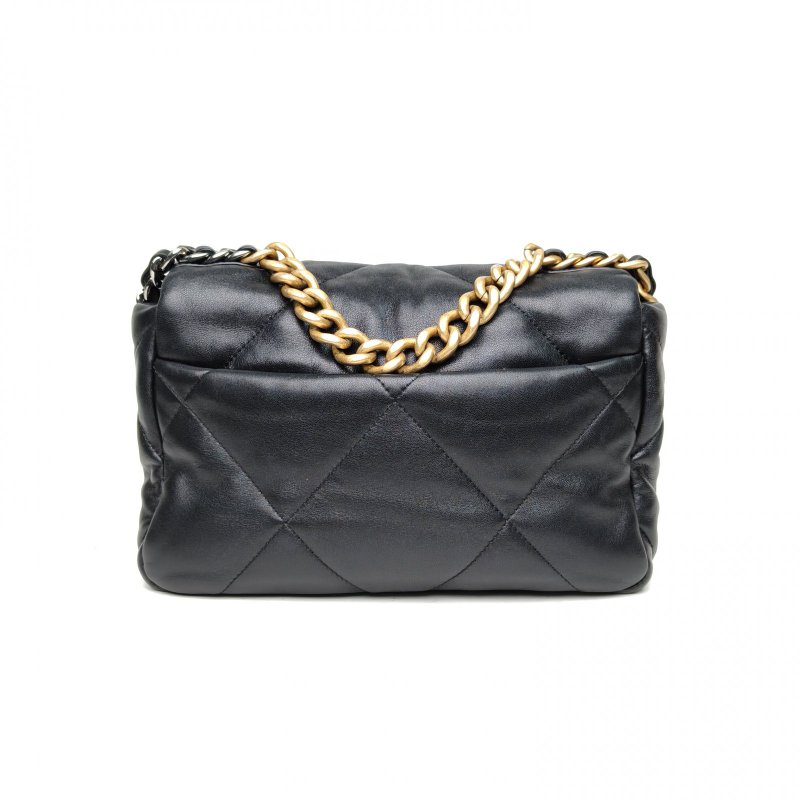 CHANEL 19BAG口蓋包小號26黑色羊皮30開金銀扣肩背包-2