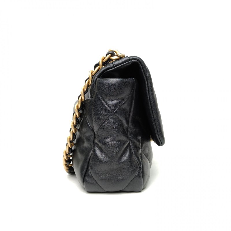 CHANEL 19BAG口蓋包小號26黑色羊皮30開金銀扣肩背包-3