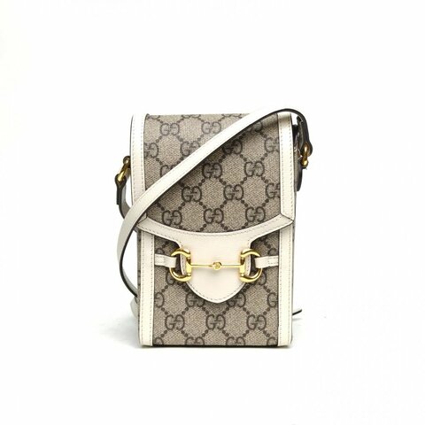 GUCCI Horsebit馬銜扣三角插扣手機包白色PVC金扣肩背包