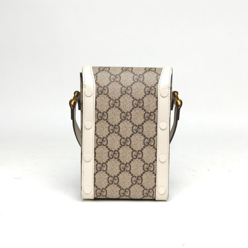 GUCCI Horsebit馬銜扣三角插扣手機包白色PVC金扣肩背包-2