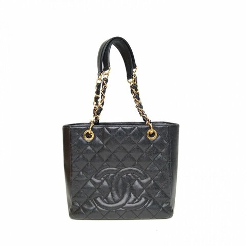 CHANEL 中古PST鏈條手提TOTE黑色荔枝牛皮14開金扣肩背包