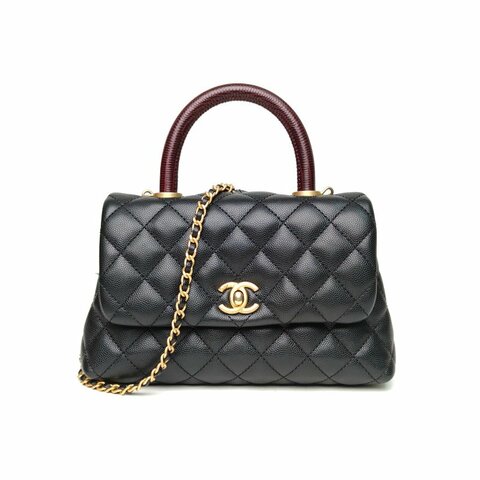 CHANEL CocoHandle小號24黑色荔枝牛皮28開金扣肩背包