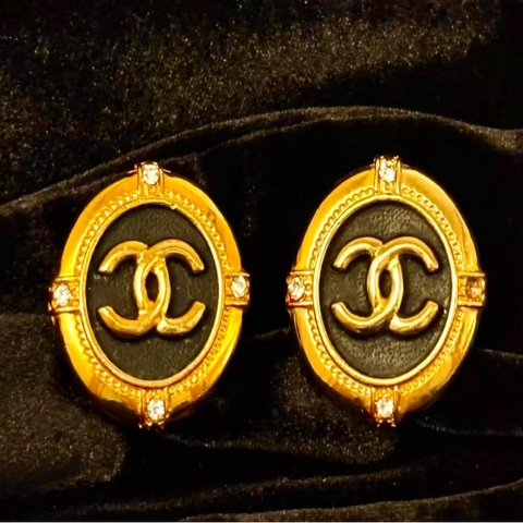 Chanel Vintage 香奈兒雙C耳夾 黑金配色