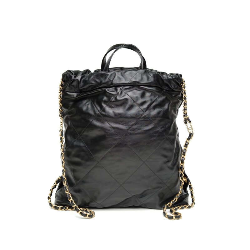 CHANEL 22Bag帶手柄雙肩包大號黑色牛皮晶片開金扣肩背包-2