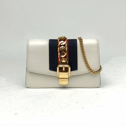 GUCCI Sylvie塞爾維亞絲帶包超Mini16.5白色牛皮金扣肩背包