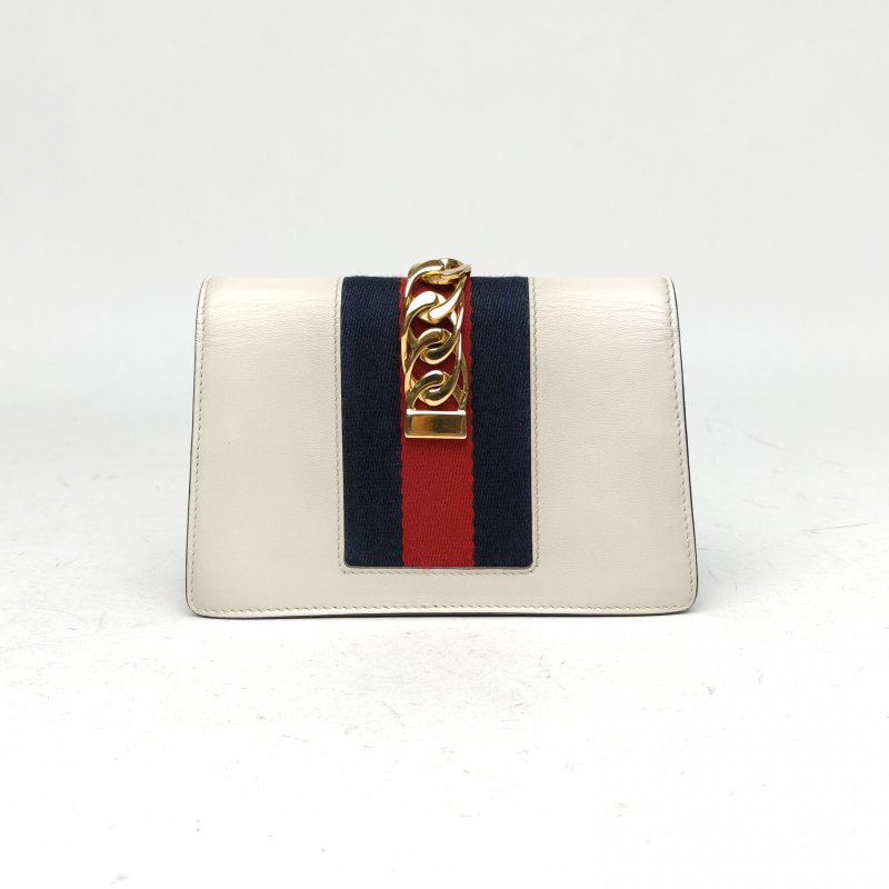 GUCCI Sylvie塞爾維亞絲帶包超Mini16.5白色牛皮金扣肩背包-2