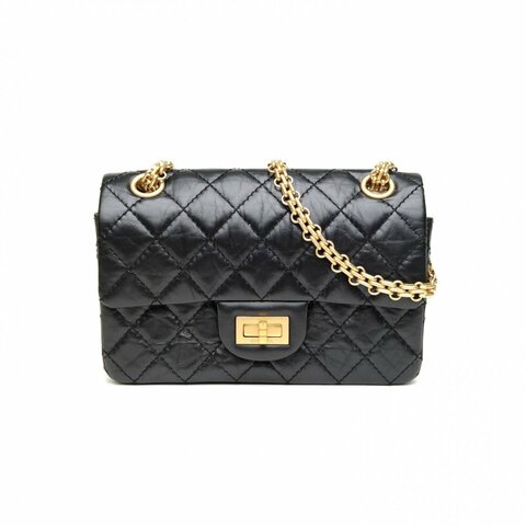 CHANEL 2.55口蓋包迷你20黑色牛皮晶片開金扣肩背包