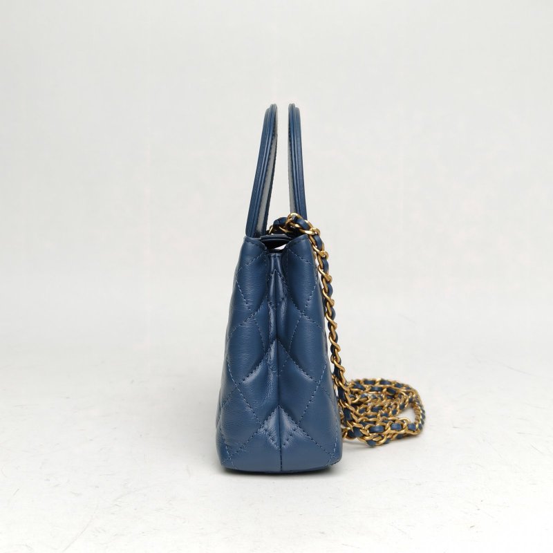 CHANEL 23KKelly鏈條手柄手提包小號藍色牛皮晶片開金扣肩背包-1