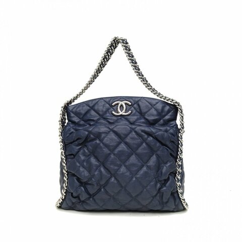 CHANEL 藍色牛皮15開銀扣滾邊鏈條hobopunk機場包肩背包