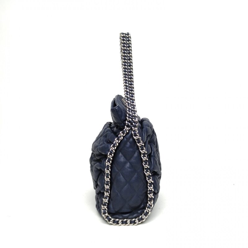 CHANEL 藍色牛皮15開銀扣滾邊鏈條hobopunk機場包肩背包-3