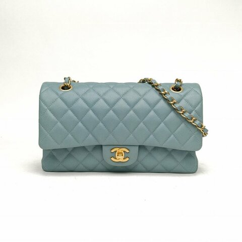 CHANEL CF口蓋包中號藍色荔枝牛皮25開金扣菱格紋肩背包