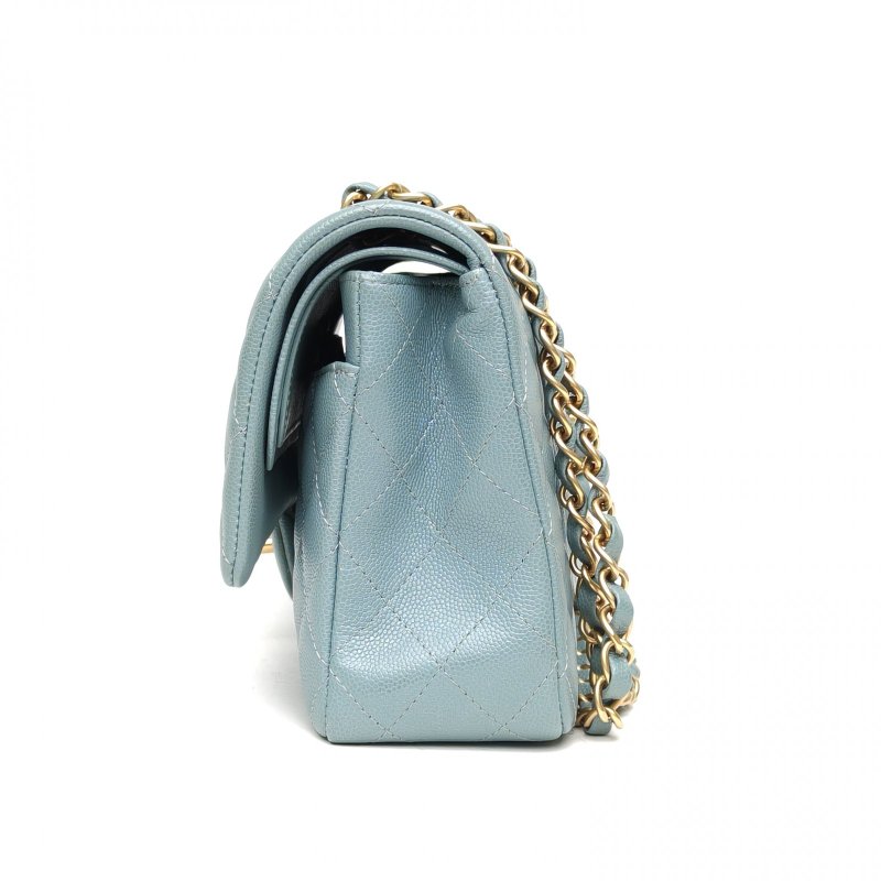 CHANEL CF口蓋包中號藍色荔枝牛皮25開金扣菱格紋肩背包-1