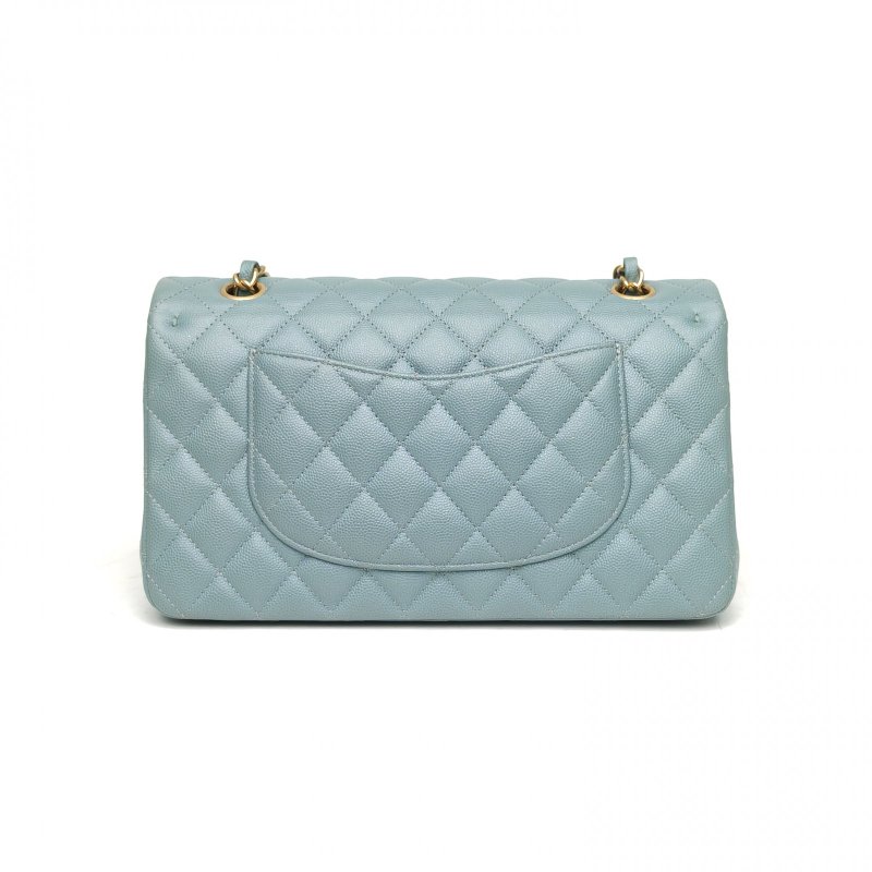 CHANEL CF口蓋包中號藍色荔枝牛皮25開金扣菱格紋肩背包-2