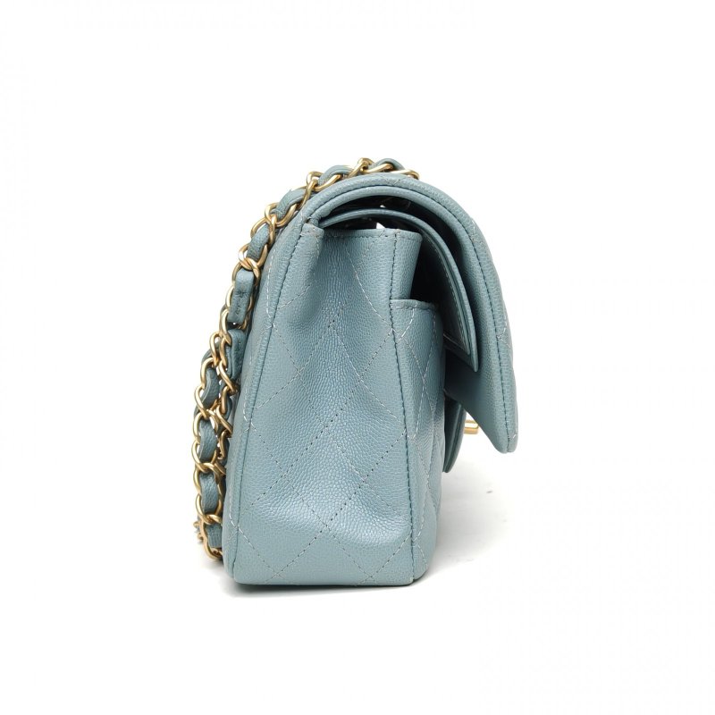 CHANEL CF口蓋包中號藍色荔枝牛皮25開金扣菱格紋肩背包-3