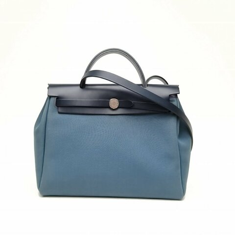 HERMES Herbag31芝麻色拼風暴藍拼印度藍帆布/牛皮B刻肩背包