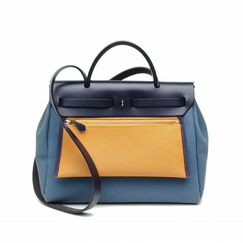 HERMES Herbag31芝麻色拼風暴藍拼印度藍帆布/牛皮B刻肩背包-2