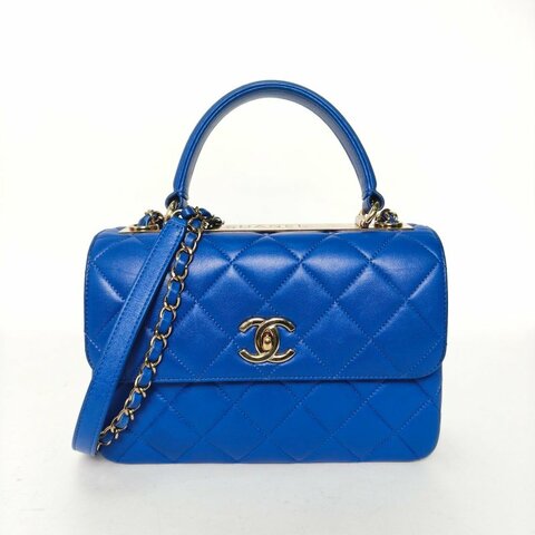 CHANEL TrendyCC手提風琴包小號25藍色羊皮31開淺金扣肩背包