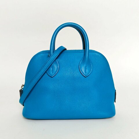 HERMES Bolide保齡球Mini19弗羅裏達藍拼墨西哥玫瑰粉EC皮Y刻肩背包