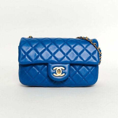 CHANEL CF口蓋包大Mini藍色羊皮30開金扣金球調節扣肩帶肩背包