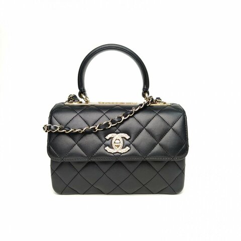 CHANEL 黑色羊皮晶片開鑽扣TrendyCC手提風琴包肩背包