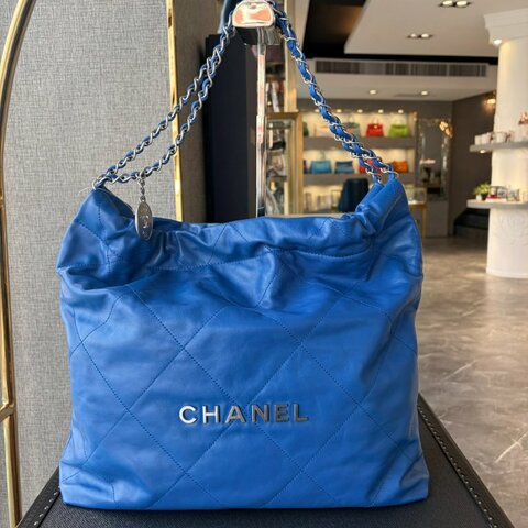 CHANEL 小牛皮 22包 中款 藍色 晶片款
