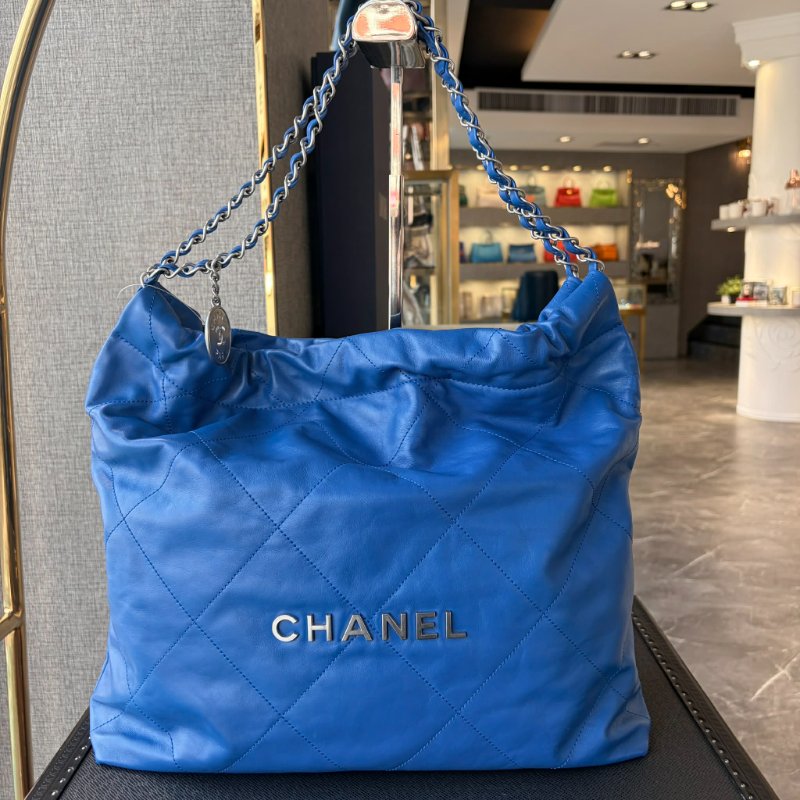 CHANEL 小牛皮 22包 中款 藍色 晶片款-0