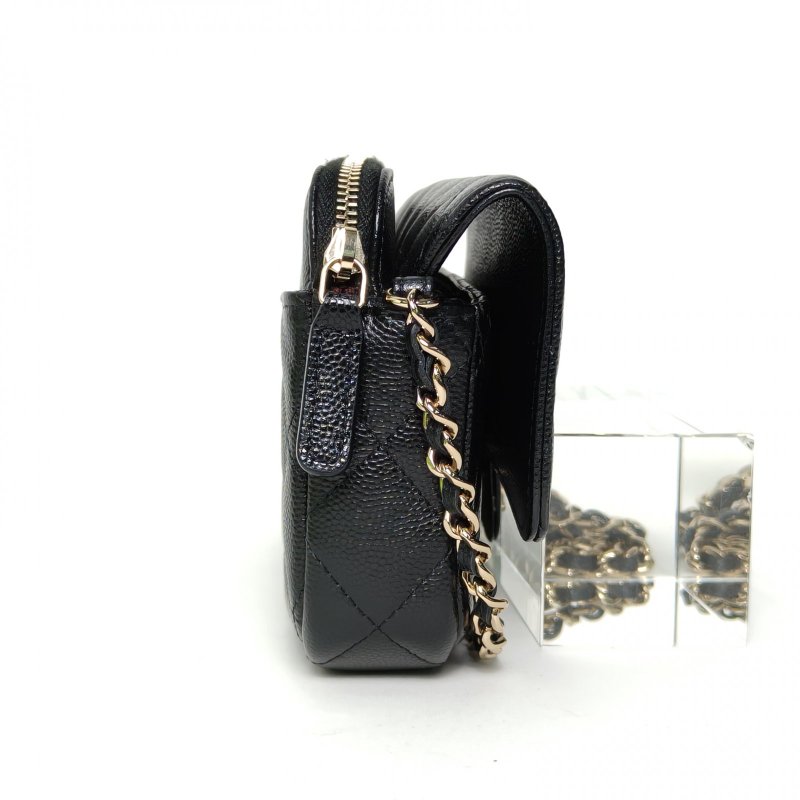 CHANEL 翻蓋三合一金扣菱格紋手機包黑色荔枝牛皮31開肩背包-1