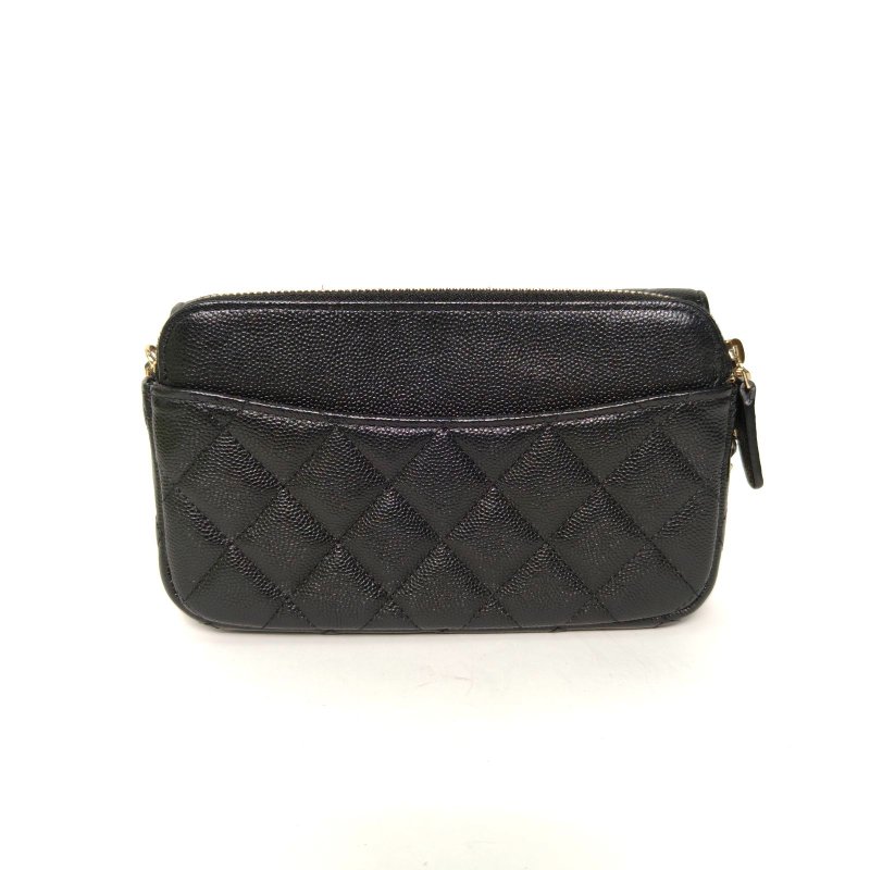 CHANEL 翻蓋三合一金扣菱格紋手機包黑色荔枝牛皮31開肩背包-2