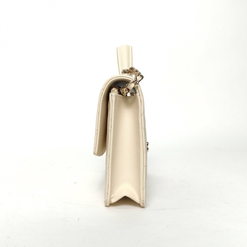 CHANEL 25C風琴包米白色荔枝牛皮鐳射標淺金扣菱格紋肩背包-1